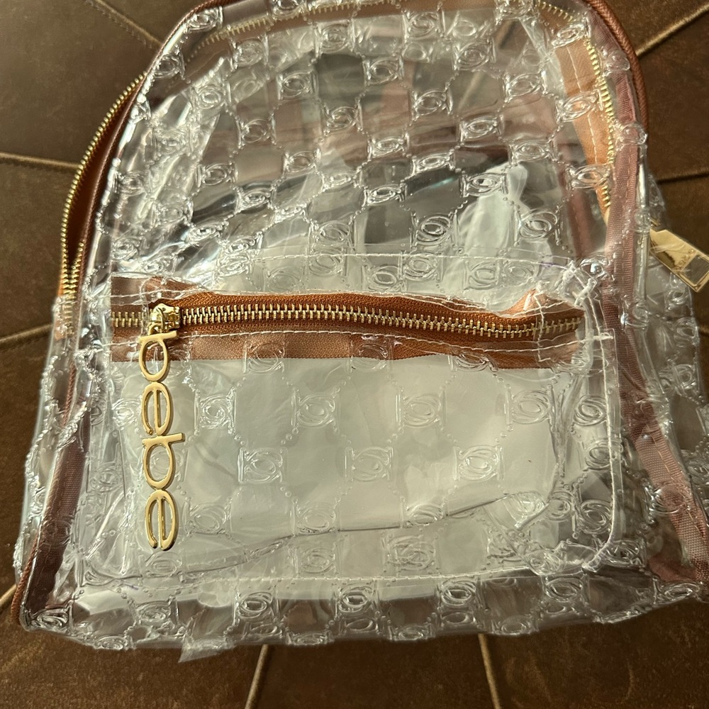 Bebe Clear Backpack with Gold and Brown Accents